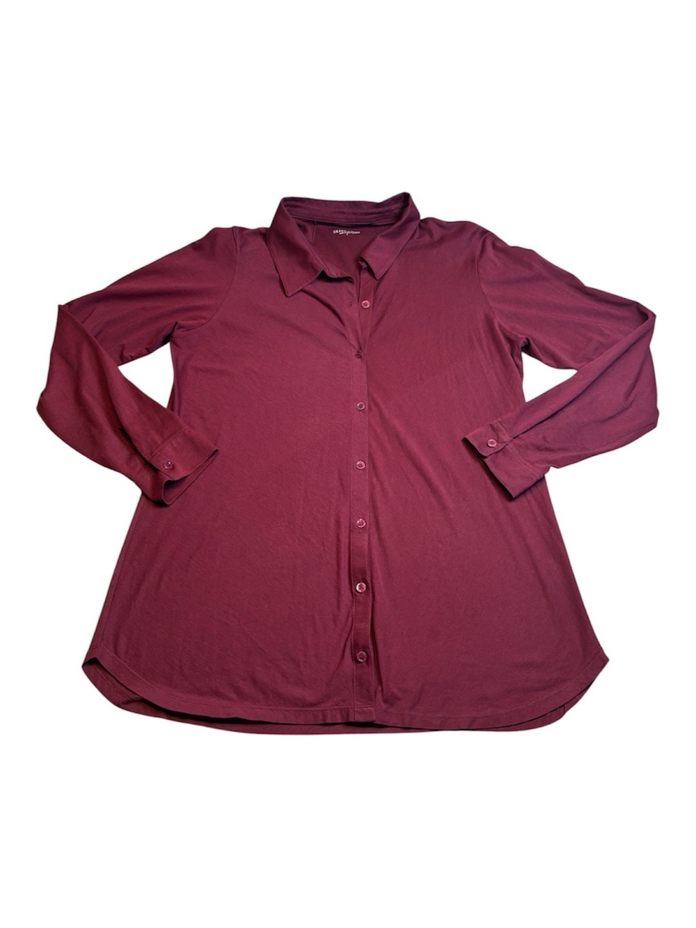 Eileen Fisher Fine Jersey Tunic Shirt Large Burgundy Plum Button Up Stretch EUC